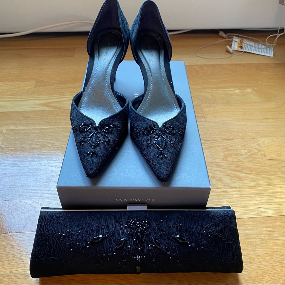 Ann Taylor black silk embellished pointy toe dress shoes and matching purse